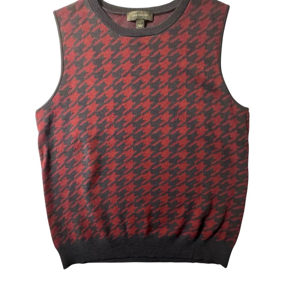 Ann Taylor Blue Red Houndstooth Sweater Vest Size L Academia Preppy Career